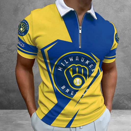 [HOMERUN DEAL] NEW CUSTOMIZED MLB15 MBS MILWAUKEE BREWERS ZIP POLO SHIRT