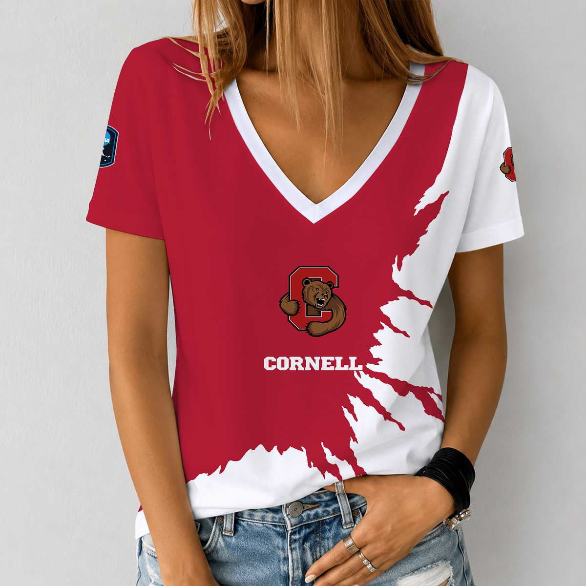 [PUCK DROP DEAL] NEW CUSTOMIZED NCAA MFF16 CBR CORNELL BIG RED V-NECK FEMALE SHIRT