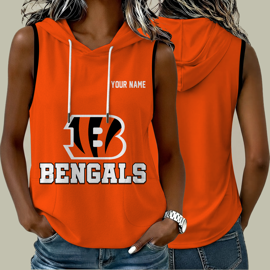[TOUCHDOWN DEAL] NEW CUSTOMIZED NFL16 CCB CINCINNATI BENGALS WOMEN'S SLEEVELESS HOODED POCKET TANK TOP
