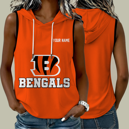 [TOUCHDOWN DEAL] NEW CUSTOMIZED NFL16 CCB CINCINNATI BENGALS WOMEN'S SLEEVELESS HOODED POCKET TANK TOP