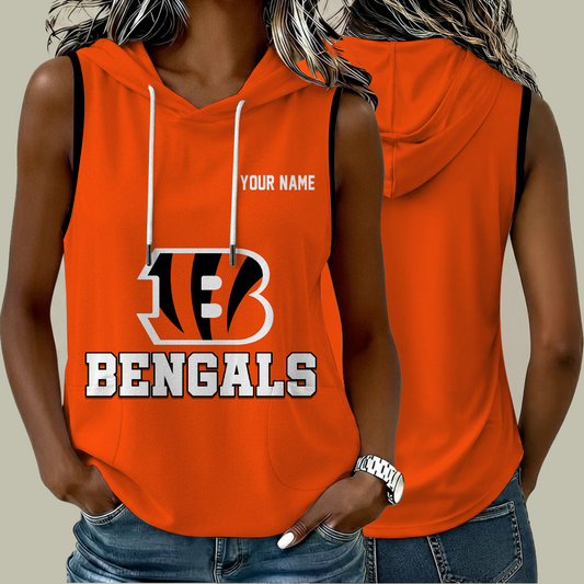 [TOUCHDOWN DEAL] NEW CUSTOMIZED NFL16 CCB CINCINNATI BENGALS WOMEN'S SLEEVELESS HOODED POCKET TANK TOP