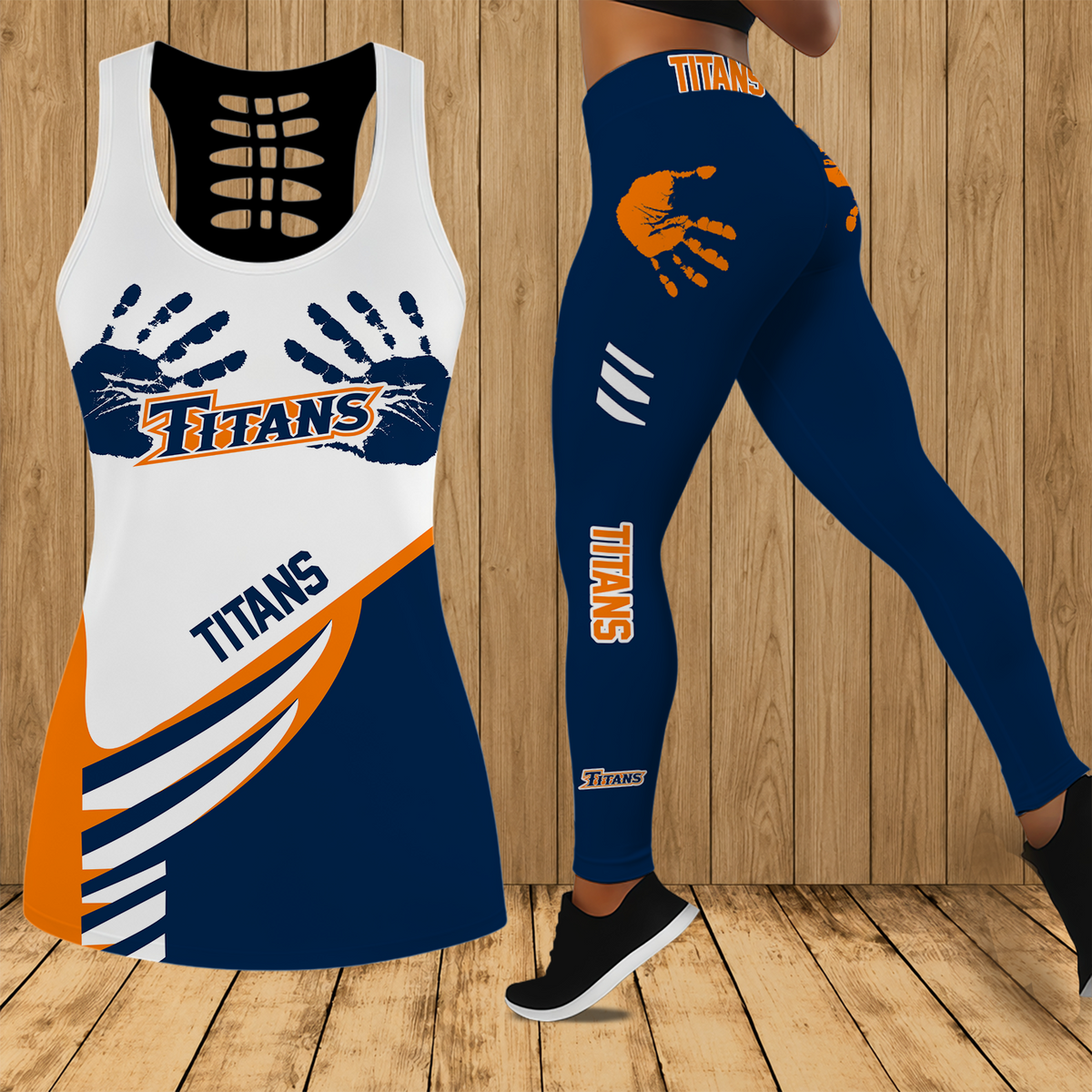 [HOMERUN DEAL] NEW CUSTOMIZED NCAA CWS16 CFT CAL STATE FULLERTON TITANS HOLLOW TANK TOP & LEGGINGS SET
