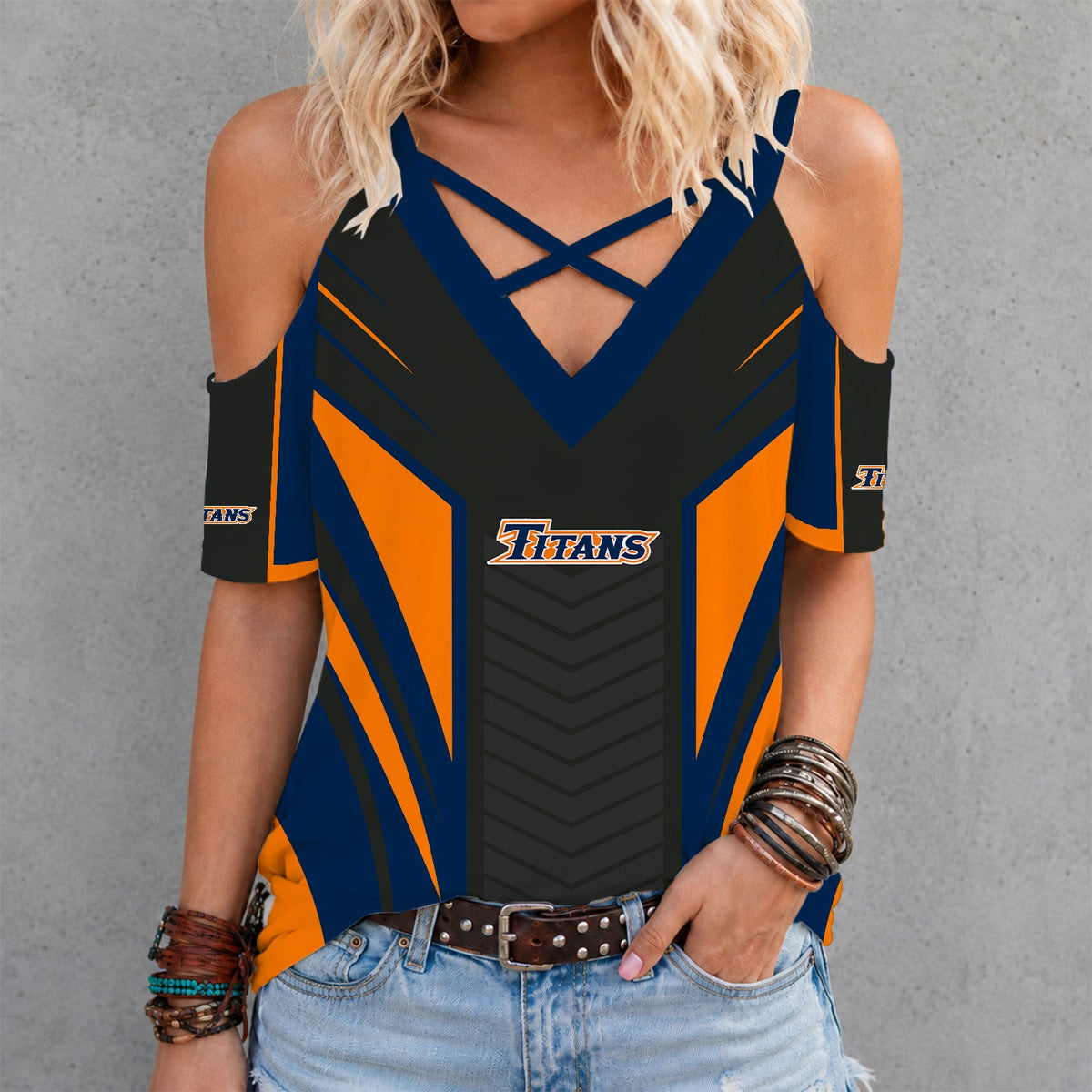 [HOMERUN DEAL] NEW CUSTOMIZED NCAA CWS16 CFT CAL STATE FULLERTON TITANS CRISS CROSS V-NECK TOP