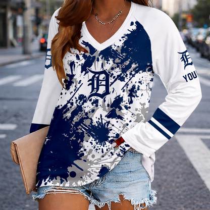 [HOMERUN DEAL] NEW CUSTOMIZED MLB16 DTS DETROIT TIGERS WOMEN'S V-NECK LONG SLEEVED SHIRT