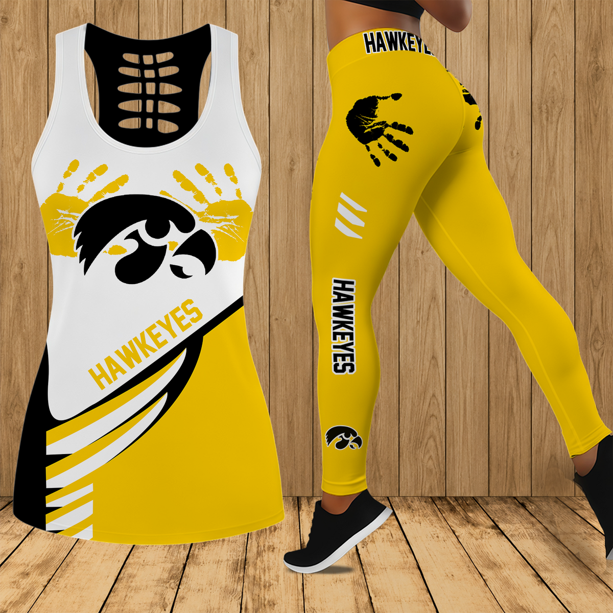 [SLAM DUNK DEAL] NEW CUSTOMIZED NCAA MAM16 IWH IOWA HAWKEYES STRAPPY HOLLOW TANK TOP & LEGGINGS SET
