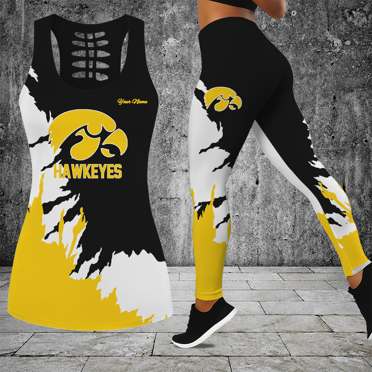 [SLAM DUNK DEAL] NEW CUSTOMIZED NCAA MAM16 IWH IOWA HAWKEYES STRAPPY HOLLOW TANK TOP & LEGGINGS SET