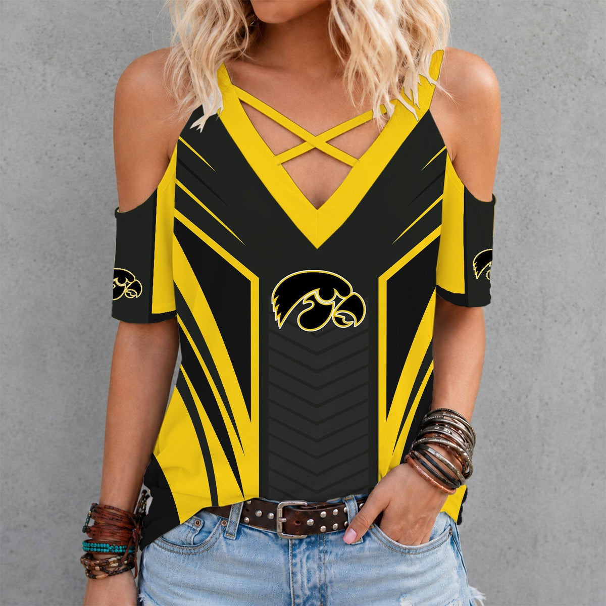 [SLAM DUNK DEAL] NEW CUSTOMIZED NCAA MAM16 IWH IOWA HAWKEYES CRISS CROSS V-NECK TOP