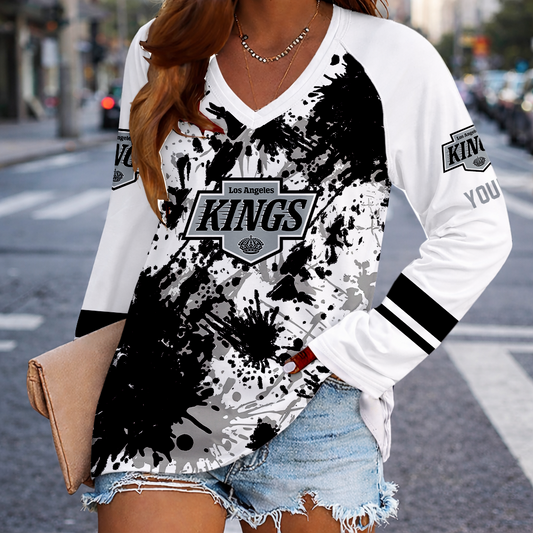 [PUCK DROP DEAL] NEW CUSTOMIZED NHL16 LAK LOS ANGELES KINGS WOMEN'S V-NECK LONG SLEEVED SHIRT