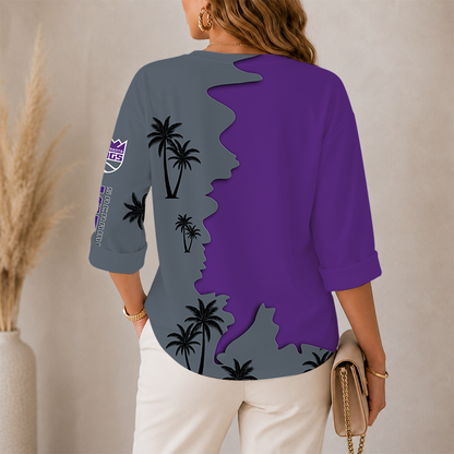 [HOT DEAL] NEW CUSTOMIZED NBA16 SKI SACRAMENTO KINGS WOMEN'S V-NECK LONG SLEEVE SHIRT