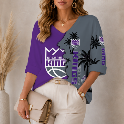 [HOT DEAL] NEW CUSTOMIZED NBA16 SKI SACRAMENTO KINGS WOMEN'S V-NECK LONG SLEEVE SHIRT