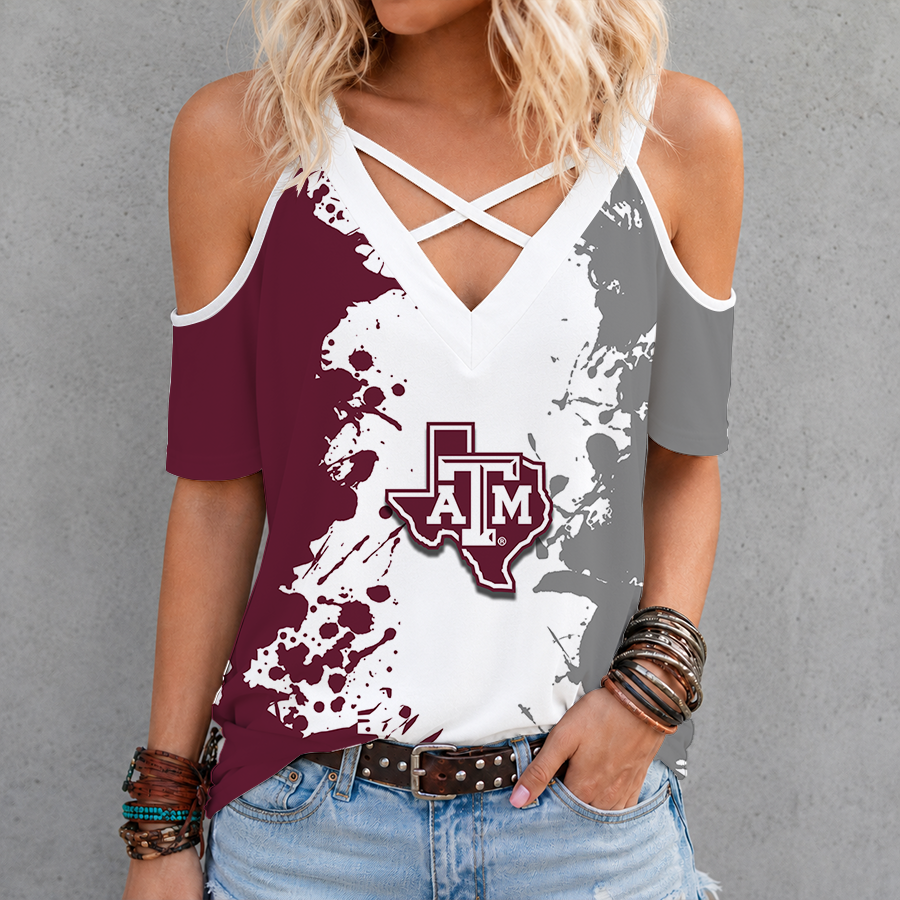 [TOUCHDOWN DEAL]NEW CUSTOMIZED NCAA FBS16 TAA TEXAS A&M AGGIES CRISS CROSS V-NECK TOP