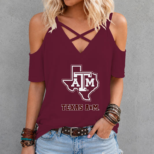 [TOUCHDOWN DEAL] NEW CUSTOMIZED NCAA FBS16 TAA TEXAS A&M AGGIES CRISS CROSS V-NECK TOP