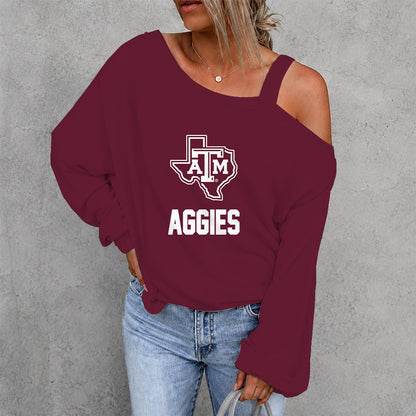 [TOUCHDOWN DEAL] NEW CUSTOMIZED NCAA FBS16 TAA TEXAS A&M AGGIES WOMEN'S OFF-SHOULDER LONG SLEEVE SHIRT