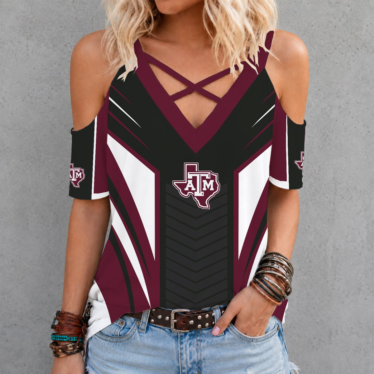 [TOUCHDOWN DEAL] NEW CUSTOMIZED NCAA FBS16 TAA TEXAS A&M AGGIES CRISS CROSS V-NECK TOP