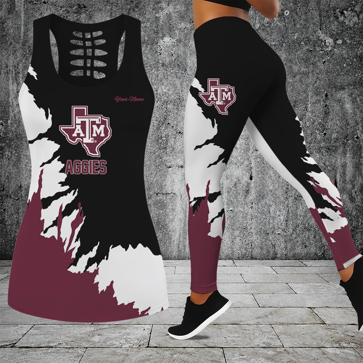 [TOUCHDOWN DEAL] NEW CUSTOMIZED NCAA FBS16 TAA TEXAS A&M AGGIES HOLLOW TANK TOP & LEGGINGS SET