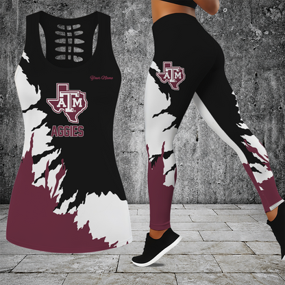 [TOUCHDOWN DEAL] NEW CUSTOMIZED NCAA FBS16 TAA TEXAS A&M AGGIES HOLLOW TANK TOP & LEGGINGS SET