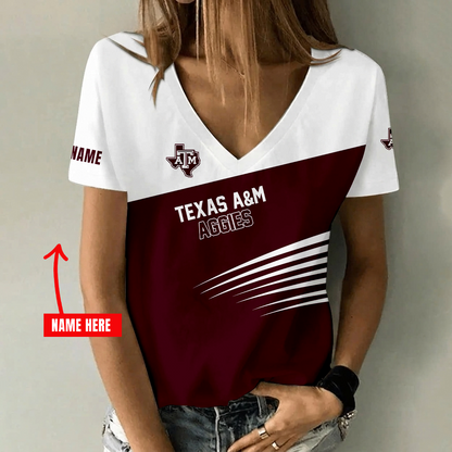 [FAN FAVORITE] NEW CUSTOMIZED NCAA FBS16 TAA TEXAS A&M AGGIES V-NECK FEMALE SHIRT