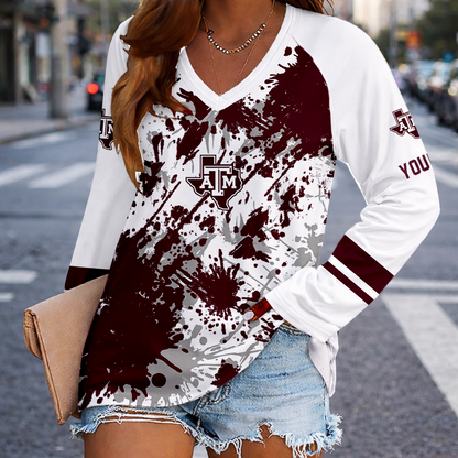 [TOUCHDOWN DEAL] NEW CUSTOMIZED NCAA FBS16 TAA TEXAS A&M AGGIES WOMEN'S V-NECK LONG SLEEVED SHIRT