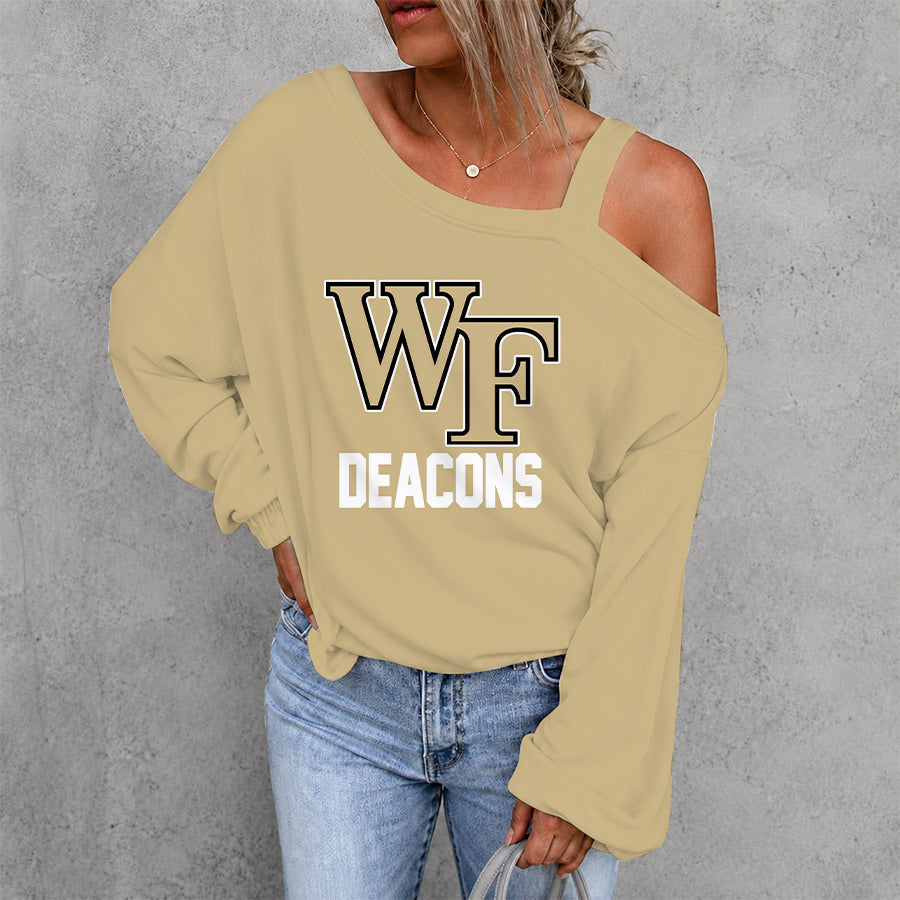 [HOOPS SPECIAL] NEW CUSTOMIZED NCAA CFH16 WFD WAKE FOREST DEMON DEACONS WOMEN'S OFF-SHOULDER LONG SLEEVE SHIRT