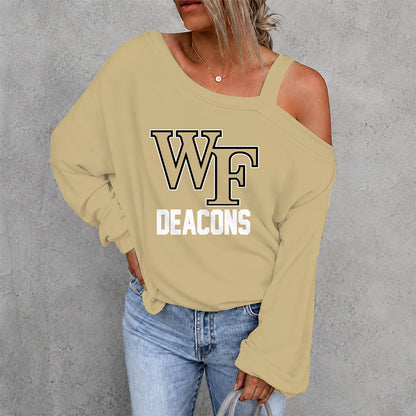 [HOOPS SPECIAL] NEW CUSTOMIZED NCAA CFH16 WFD WAKE FOREST DEMON DEACONS WOMEN'S OFF-SHOULDER LONG SLEEVE SHIRT