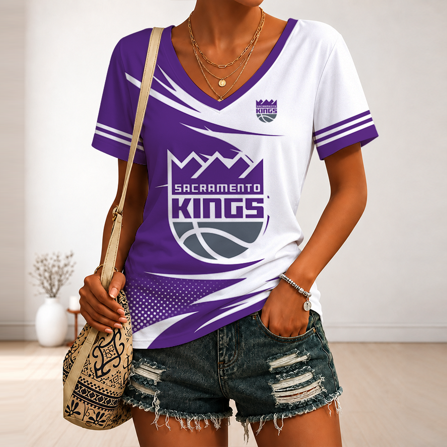 [HOT DEAL] NEW CUSTOMIZED NBA16 SKI SACRAMENTO KINGS V-NECK FEMALE SHIRT