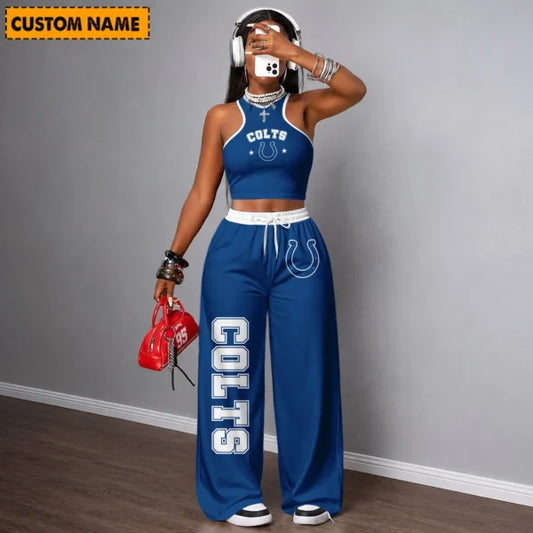 [TOUCHDOWN DEAL] NEW CUSTOMIZED NFL17 IDC INDIANAPOLIS COLTS WOMEN'S CROP TOP & LONGPANTS SET