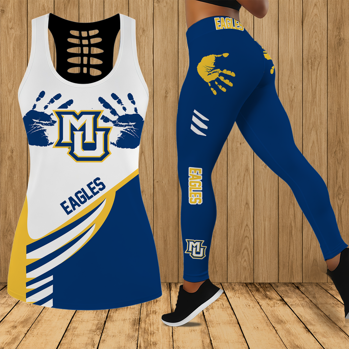 [SLAM DUNK DEAL] NEW CUSTOMIZED NCAA MAM17 MGE MARQUETTE GOLDEN EAGLES STRAPPY HOLLOW TANK TOP & LEGGINGS SET