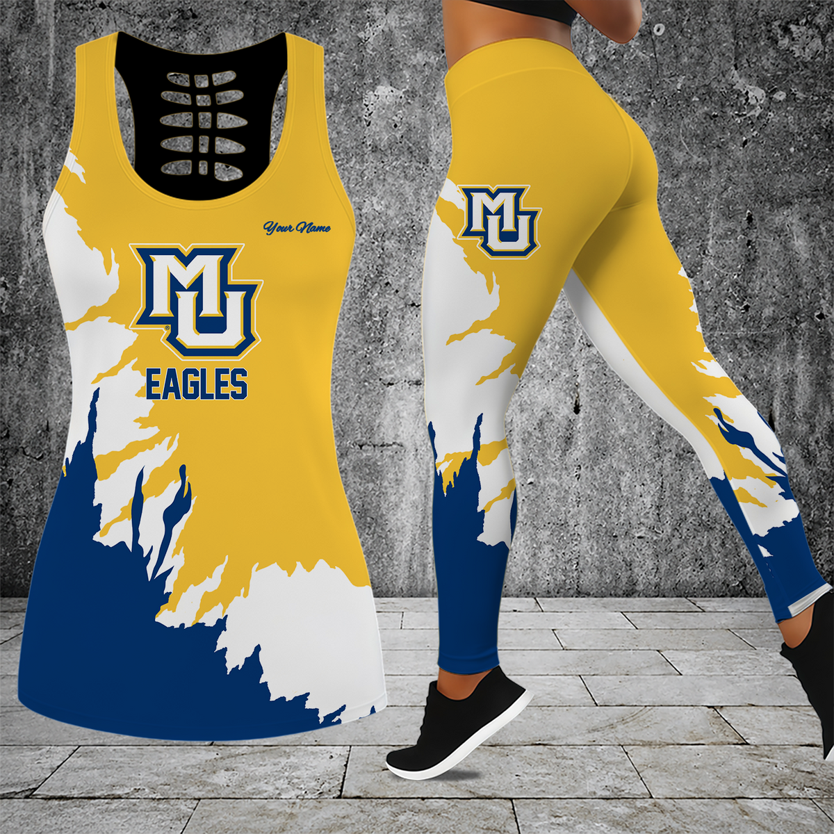 [SLAM DUNK DEAL] NEW CUSTOMIZED NCAA MAM17 MGE MARQUETTE GOLDEN EAGLES STRAPPY HOLLOW TANK TOP & LEGGINGS SET
