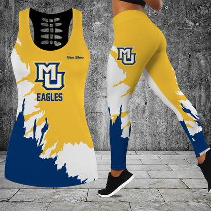 [SLAM DUNK DEAL] NEW CUSTOMIZED NCAA MAM17 MGE MARQUETTE GOLDEN EAGLES STRAPPY HOLLOW TANK TOP & LEGGINGS SET