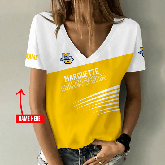 [FAN FAVORITE] NEW CUSTOMIZED NCAA MAM17 MGE MARQUETTE GOLDEN EAGLES STRAPPY V-NECK FEMALE SHIRT