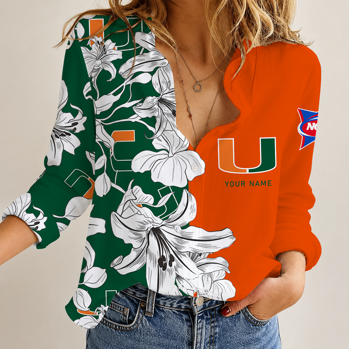 [TOUCHDOWN DEAL] NEW CUSTOMIZED NCAA FBS17 MIH MIAMI HURRICANES WOMEN CASUAL SHIRT