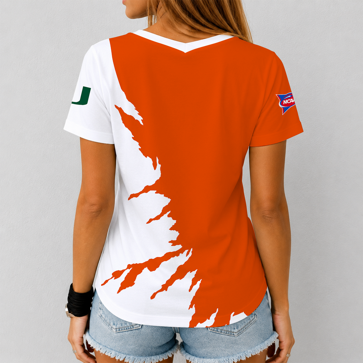 [TOUCHDOWN DEAL] NEW CUSTOMIZED NCAA FBS17 MIH MIAMI HURRICANES V-NECK FEMALE SHIRT