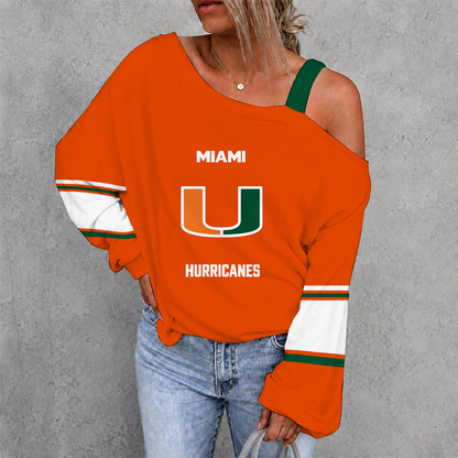 [TOUCHDOWN DEAL] NEW CUSTOMIZED NCAA FBS17 MIH MIAMI HURRICANES WOMEN'S OFF-SHOULDER LONG SLEEVE SHIRT