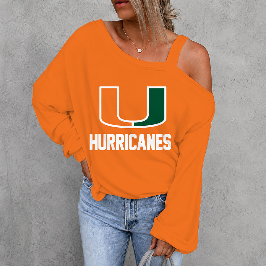 [TOUCHDOWN DEAL] NEW CUSTOMIZED NCAA FBS17 MIH MIAMI HURRICANES WOMEN'S OFF-SHOULDER LONG SLEEVE SHIRT