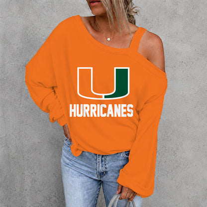 [TOUCHDOWN DEAL] NEW CUSTOMIZED NCAA FBS17 MIH MIAMI HURRICANES WOMEN'S OFF-SHOULDER LONG SLEEVE SHIRT
