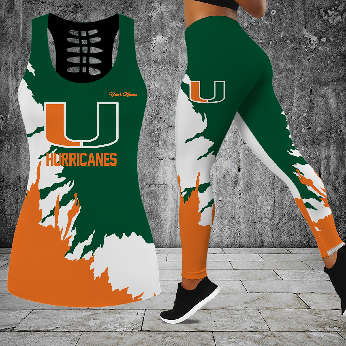 [TOUCHDOWN DEAL] NEW CUSTOMIZED NCAA FBS17 MIH MIAMI HURRICANES HOLLOW TANK TOP & LEGGINGS SET