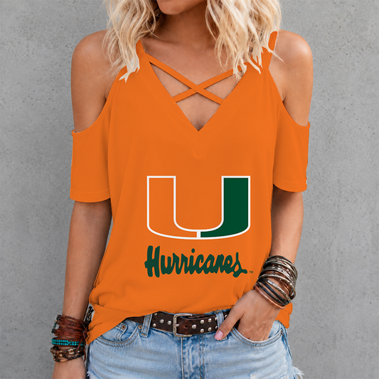[TOUCHDOWN DEAL] NEW CUSTOMIZED NCAA FBS17 MIH MIAMI HURRICANES CRISS CROSS V-NECK TOP