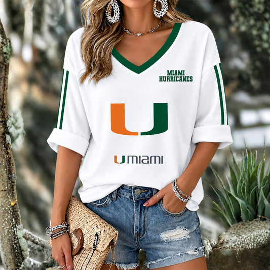 [TOUCHDOWN DEAL] NEW CUSTOMIZED NCAA FBS17 MIH MIAMI HURRICANES WOMEN'S V-NECK LONG SLEEVE SHIRT