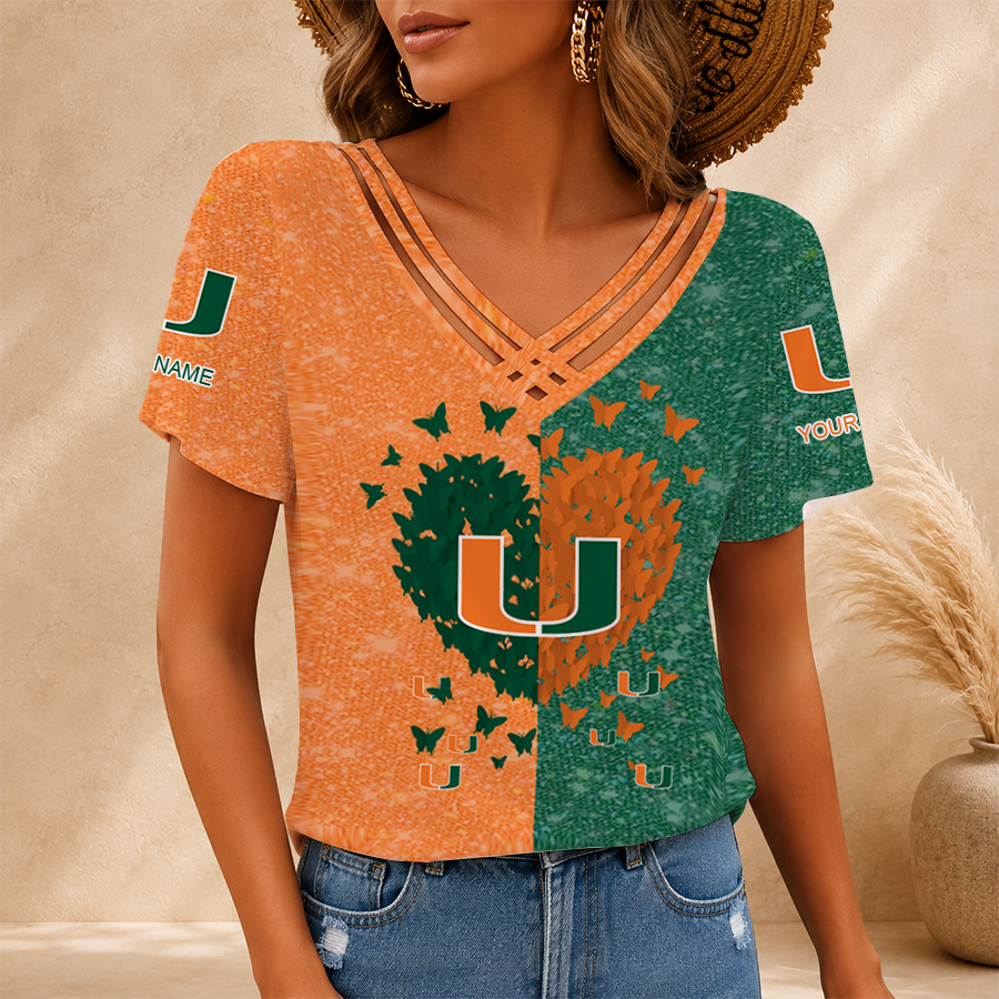 [TOUCHDOWN DEAL] NEW CUSTOMIZED NCAA FBS17 MIH MIAMI HURRICANES V-NECK SHIRT