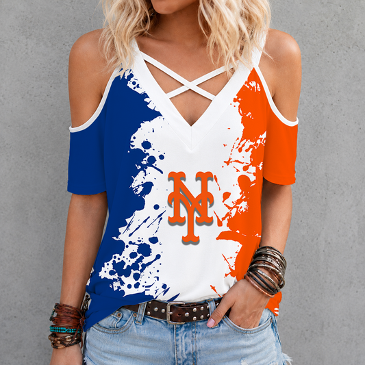 [HOMERUN DEAL] NEW CUSTOMIZED MLB17 NYM NEW YORK METS CRISS CROSS V-NECK TOP