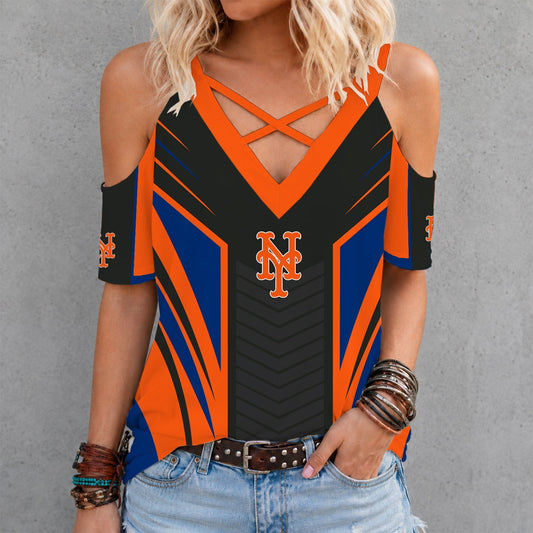 [HOMERUN DEAL] NEW CUSTOMIZED MLB17 NYM NEW YORK METS CRISS CROSS V-NECK TOP