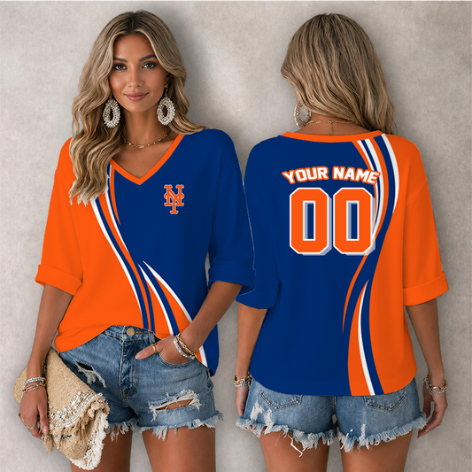 [HOMERUN DEAL] NEW CUSTOMIZED MLB17 NYM NEW YORK METS WOMEN'S HEART V-NECK LONG SLEEVE SHIRT