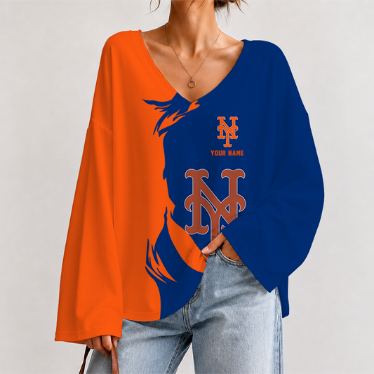 [HOMERUN DEAL] NEW CUSTOMIZED MLB17 NYM NEW YORK METS V-NECK LONG SLEEVED CROP TOP