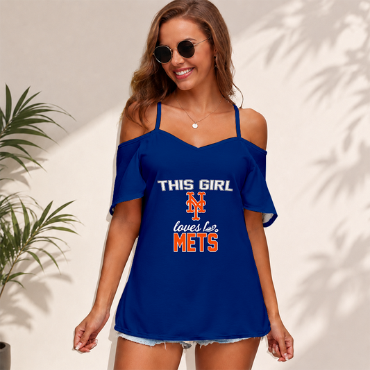 [HOMERUN DEAL] NEW CUSTOMIZED MLB17 NYM NEW YORK METS WOMEN'S STRAPPY OFF-SHOULDER TOP