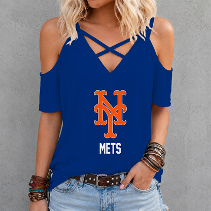 [HOMERUN DEAL] NEW CUSTOMIZED MLB17 NYM NEW YORK METS CRISS CROSS V-NECK TOP