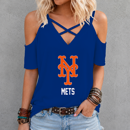[HOMERUN DEAL] NEW CUSTOMIZED MLB17 NYM NEW YORK METS CRISS CROSS V-NECK TOP