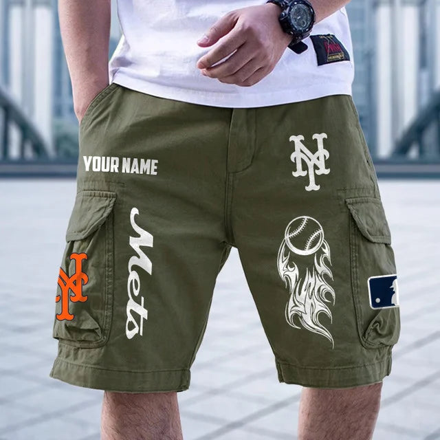 [HOMERUN DEAL] NEW CUSTOMIZED MLB17 NYM NEW YORK METS MEN'S CARGO SHORTS