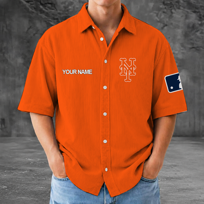 [HOMERUN DEAL] NEW CUSTOMIZED MLB17 NYM NEW YORK METS SEERSUCKER BUTTON SHIRT