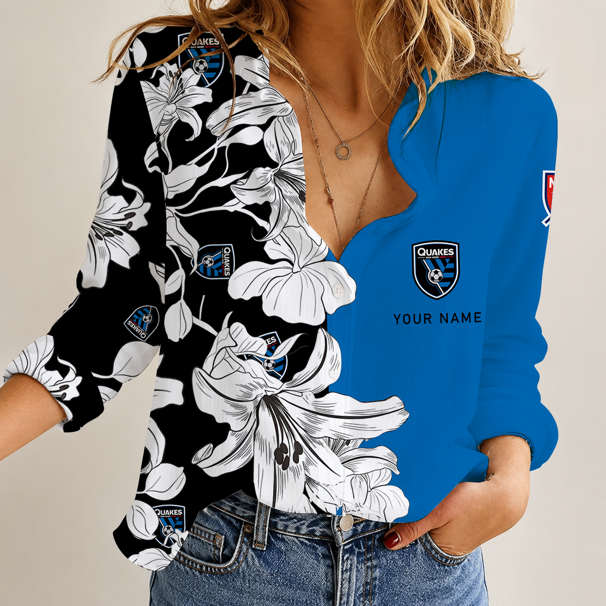 [GOAL DEAL] NEW CUSTOMIZED MLS17 SJE SAN JOSE EARTHQUAKES WOMEN CASUAL SHIRT