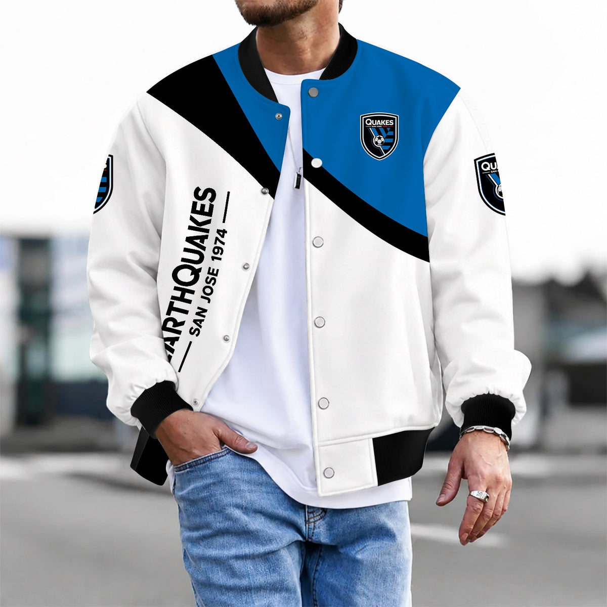 [GOAL DEAL] NEW CUSTOMIZED MLS17 SJE SAN JOSE EARTHQUAKES BASEBALL JACKET & SATIN VARSITY JACKET